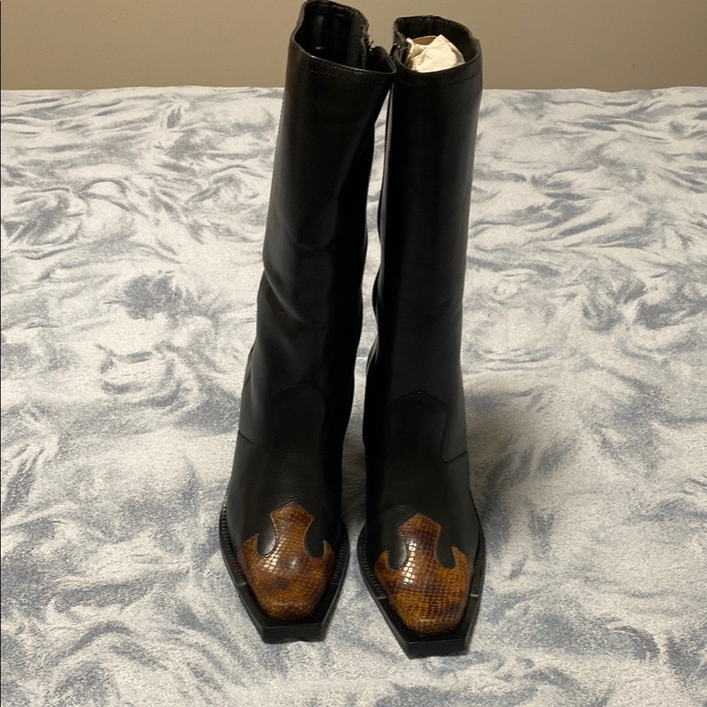 Classic Black and Brown Heeled Boots with Block Heel